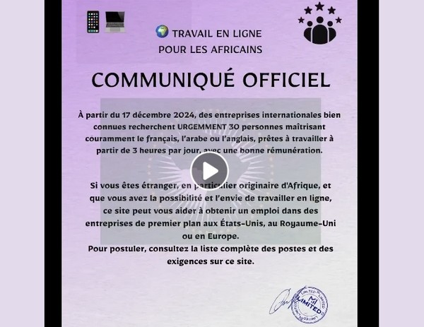 Non, ces appels à candidature pour emplois en ligne publiés sur les réseaux sociaux ne sont pas fiables